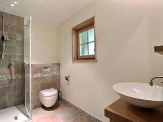 This modern bathroom features a sleek shower, a stylish vessel sink, and a comfortable toilet.