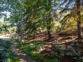 Discover the tranquility of this stunning property, featuring a beautifully landscaped pathway that winds through a lush, wooded area.