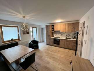 This modern apartment boasts a stylish kitchen with wooden cabinetry and sleek countertops.