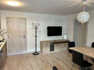 This modern living space features a sleek entertainment unit with a mounted TV, perfect for cozy nights in.