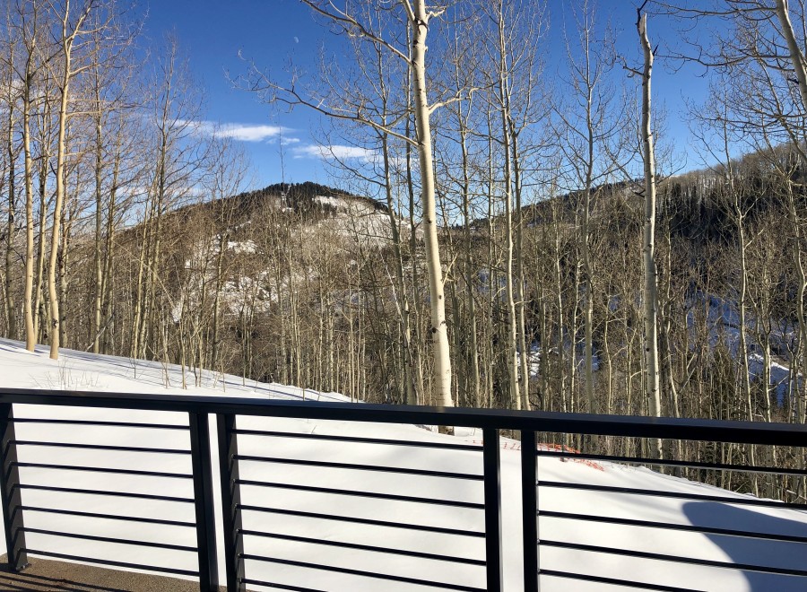 Stunning mountain views from a deck with a modern metal railing.