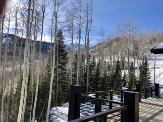 Stunning mountain views from this deck, nestled amongst tall aspen trees.