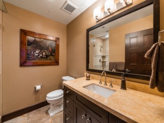 This luxurious bathroom boasts a spacious vanity with a beige countertop and dark brown cabinetry, complemented by a large framed mirror reflecting the elegant shower area.