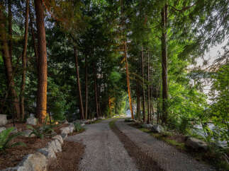Discover the tranquility of this stunning property, featuring a winding gravel driveway that leads you through a lush, wooded landscape.