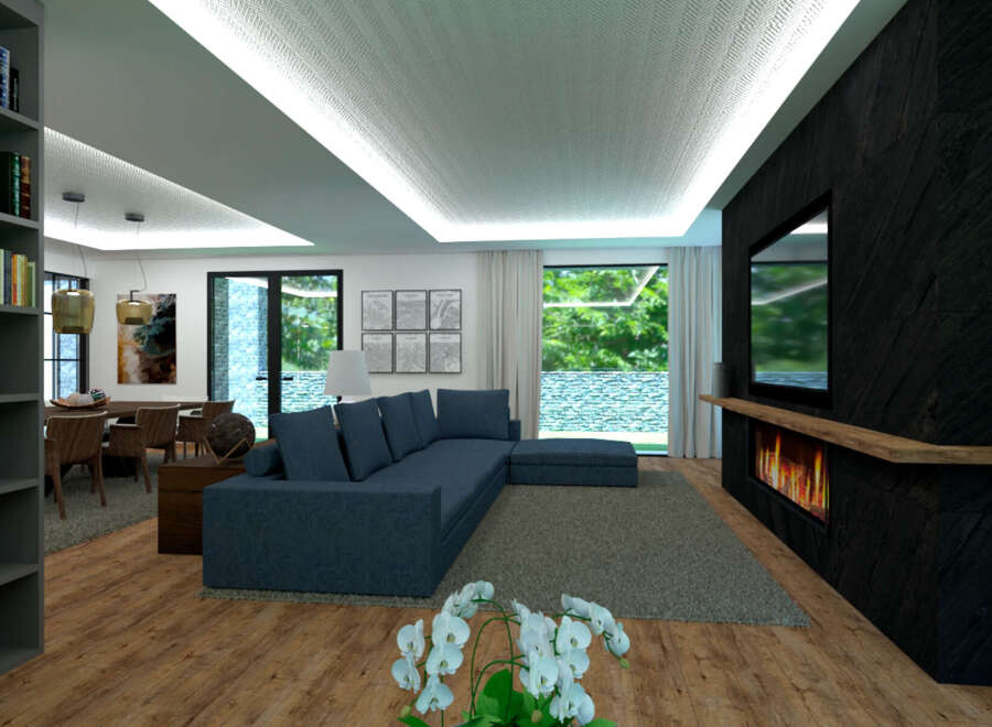 Experience luxury living in this stunning property, featuring a modern living room with a cozy fireplace and a sleek, contemporary design.