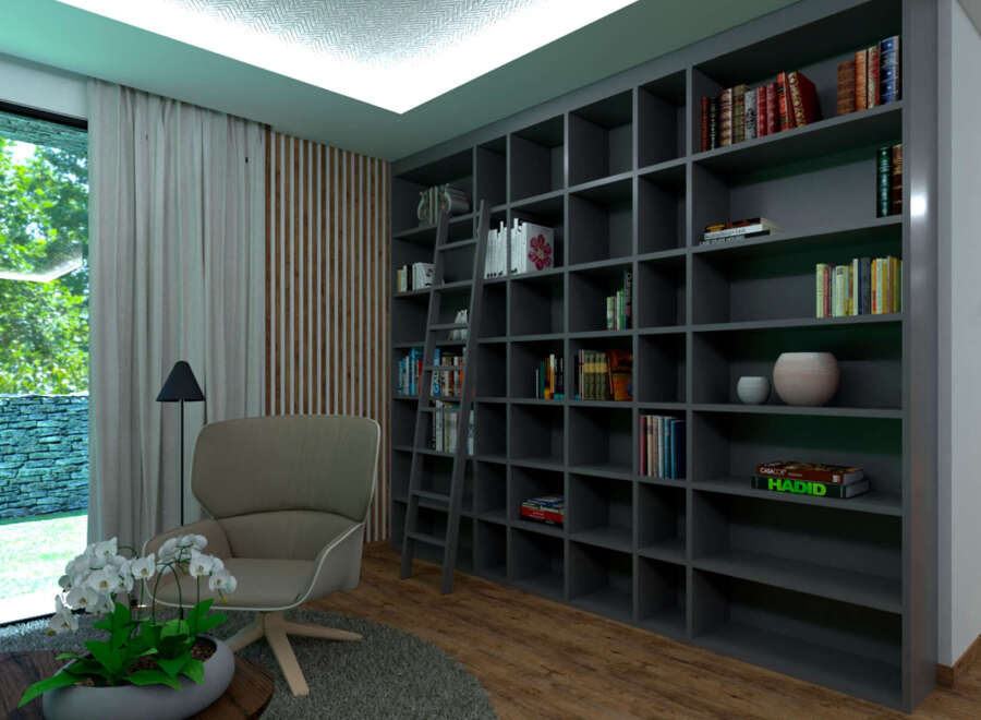 Discover the epitome of sophisticated living in this stunning property, featuring a custom-built bookshelf that spans an entire wall.