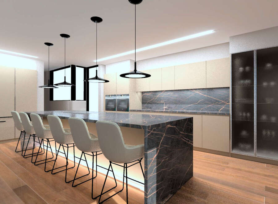 This modern kitchen boasts a sleek design with a large island featuring a stunning marble countertop, perfect for both cooking and entertaining.
