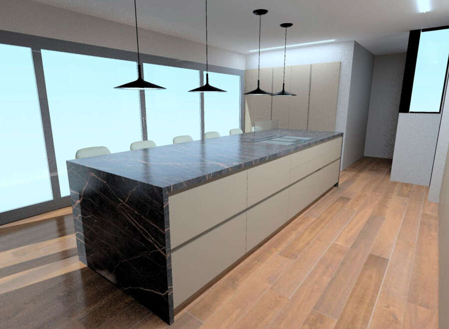 This modern kitchen boasts a sleek design with a large island featuring a stunning marble countertop.