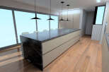 This modern kitchen boasts a sleek design with a large island featuring a stunning marble countertop.