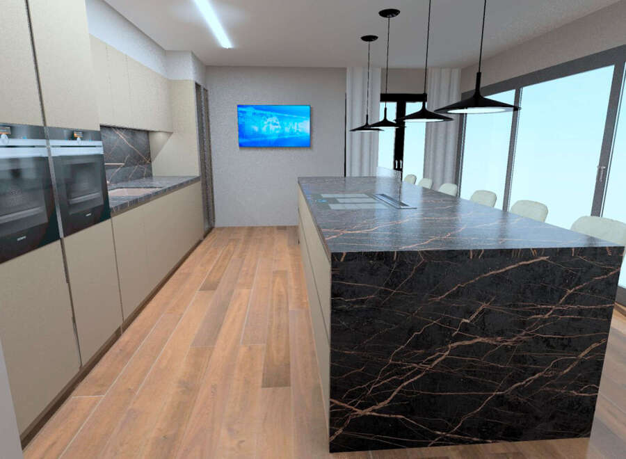 This modern kitchen boasts sleek cabinetry and a stunning marble countertop island, perfect for both cooking and entertaining.