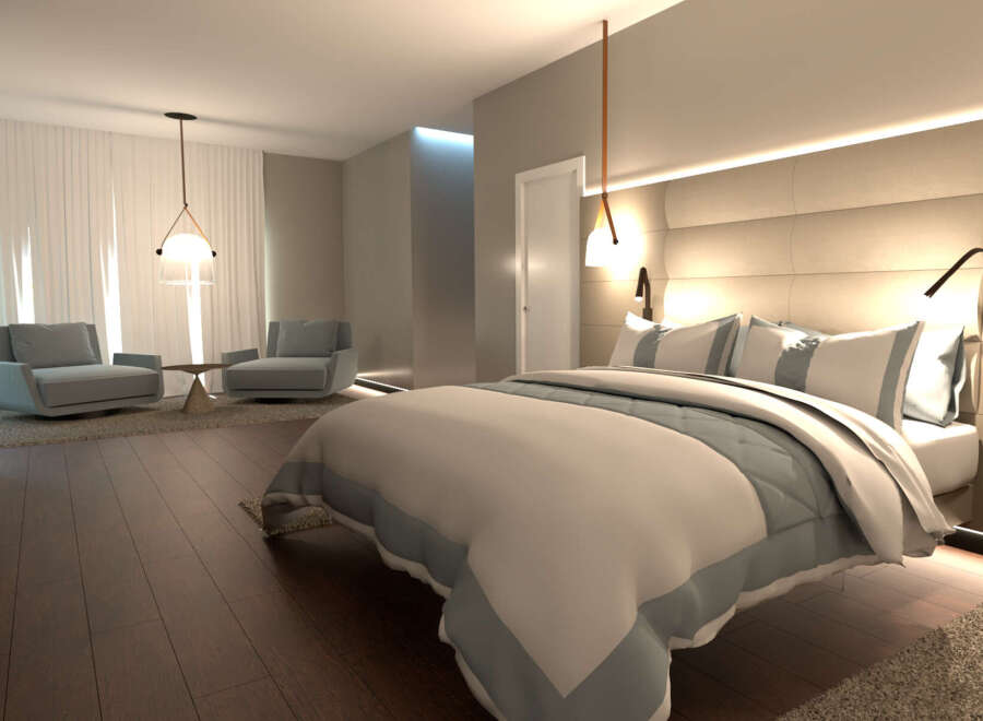Experience luxury in this stunning bedroom, featuring a plush bed and elegant lighting.