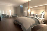 Experience luxury in this stunning bedroom, featuring a plush bed and elegant lighting.