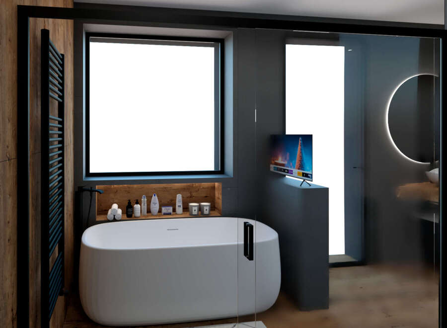 Experience luxury in this modern bathroom, featuring a sleek, freestanding bathtub and a stylish TV for ultimate relaxation.