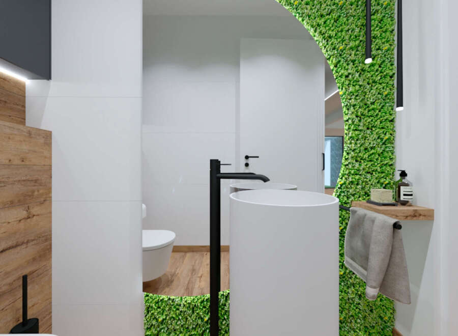 This modern bathroom boasts a unique design with a striking green wall feature.
