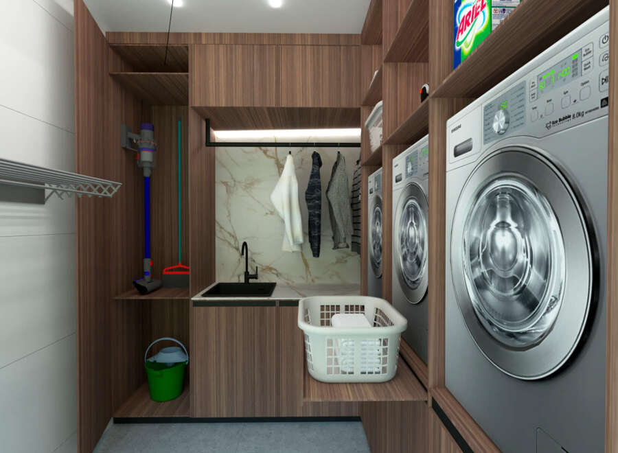 Step into a modern laundry room designed for both functionality and style.