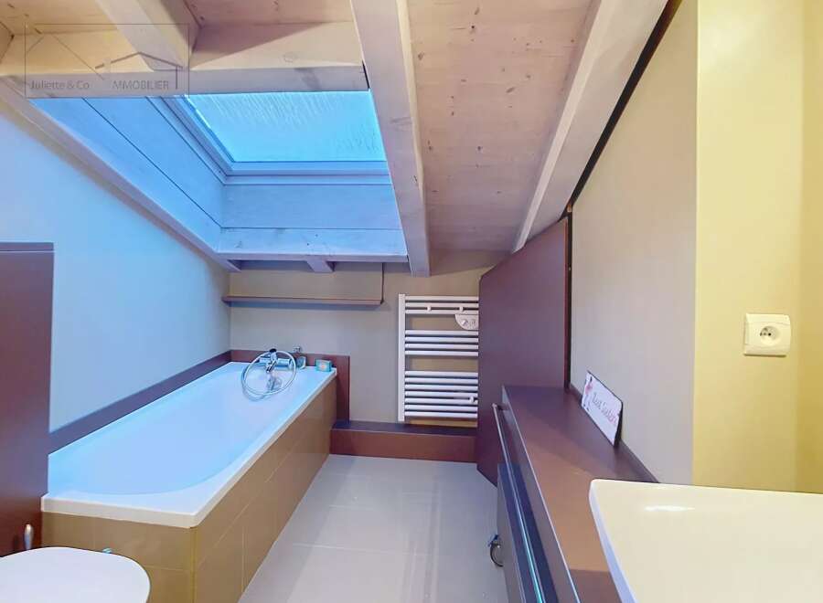 Discover a luxurious bathroom with a unique skylight, offering natural light and a sense of spaciousness.