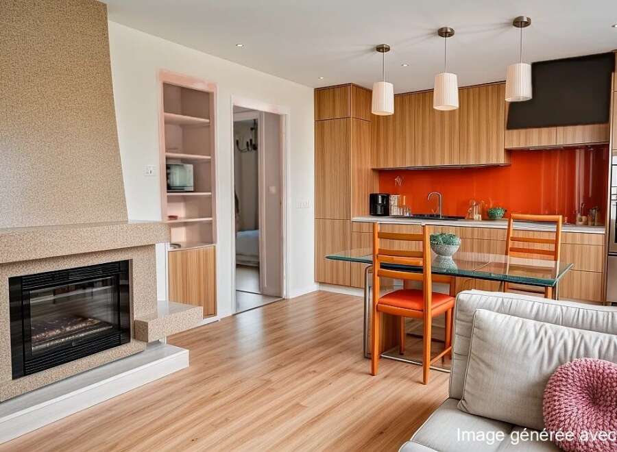Discover modern living in this stylish property featuring a cozy fireplace and a sleek kitchen with stainless steel appliances.