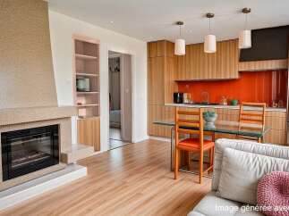 Discover modern living in this stylish property featuring a cozy fireplace and a sleek kitchen with stainless steel appliances.