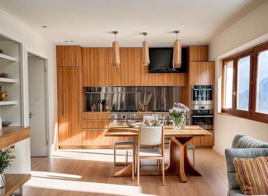 This stunning kitchen boasts modern design with custom wooden cabinetry and stainless steel accents.