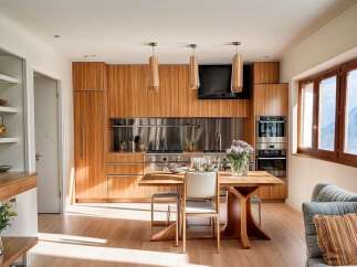 This stunning kitchen boasts modern design with custom wooden cabinetry and stainless steel accents.