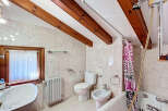 This charming bathroom features a unique design with exposed wooden beams on the ceiling, adding character and warmth.