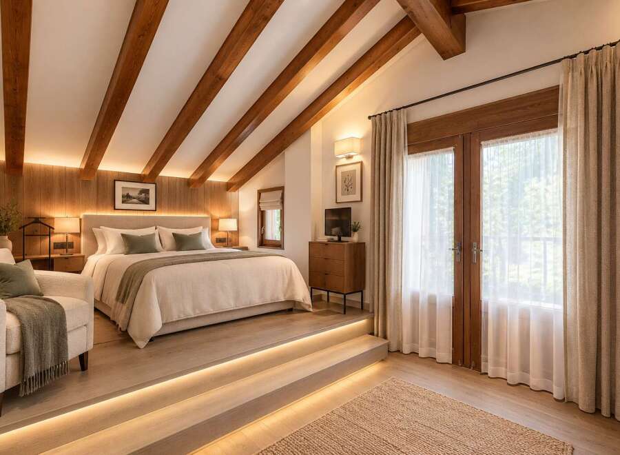 Experience rustic charm and modern comfort in this beautifully appointed bedroom, featuring exposed wooden beams and warm ambient lighting.