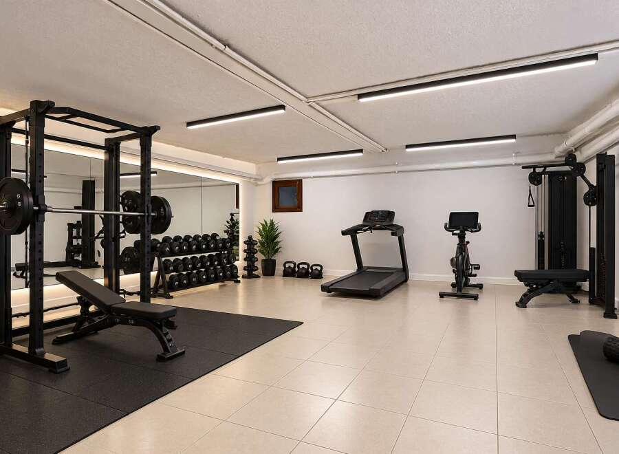 This modern home gym is equipped for a comprehensive workout, featuring a squat rack with weights, a flat bench, and a full set of dumbbells.