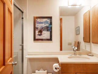 This bathroom features a stylish design with a modern vanity and a sleek sink.