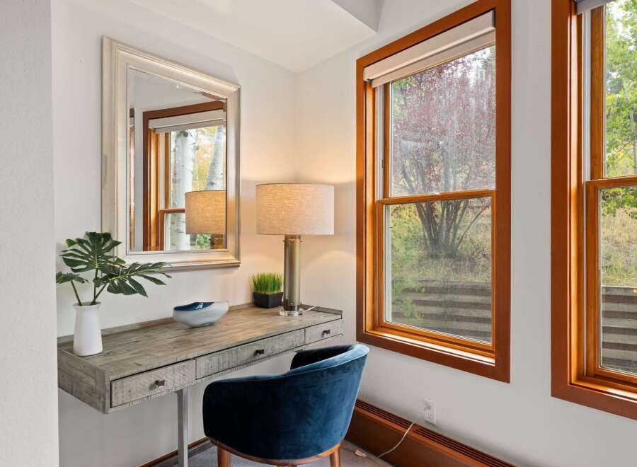 This stunning property boasts a beautifully designed vanity area, perfect for getting ready in style.