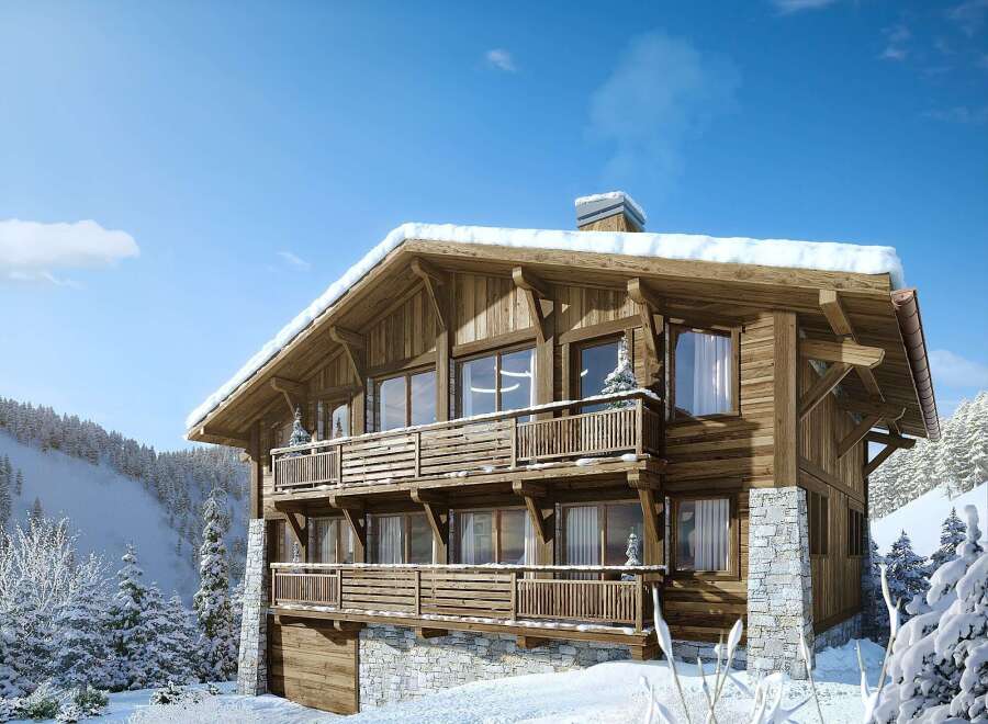 Experience the epitome of alpine luxury in this stunning wooden chalet nestled in a snowy wonderland.
