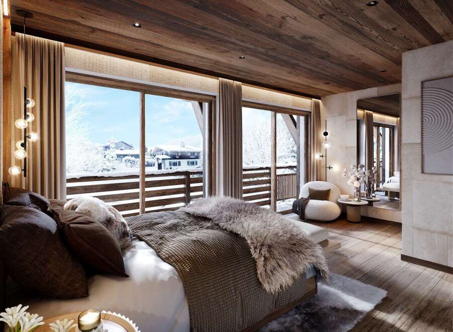 Experience the epitome of luxury in this stunning bedroom, boasting breathtaking views of a snow-covered landscape.