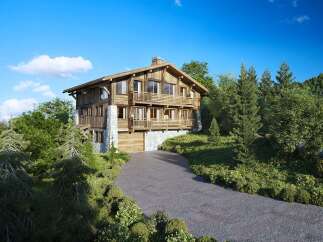 Discover the charm of this stunning wooden chalet nestled amidst lush greenery.