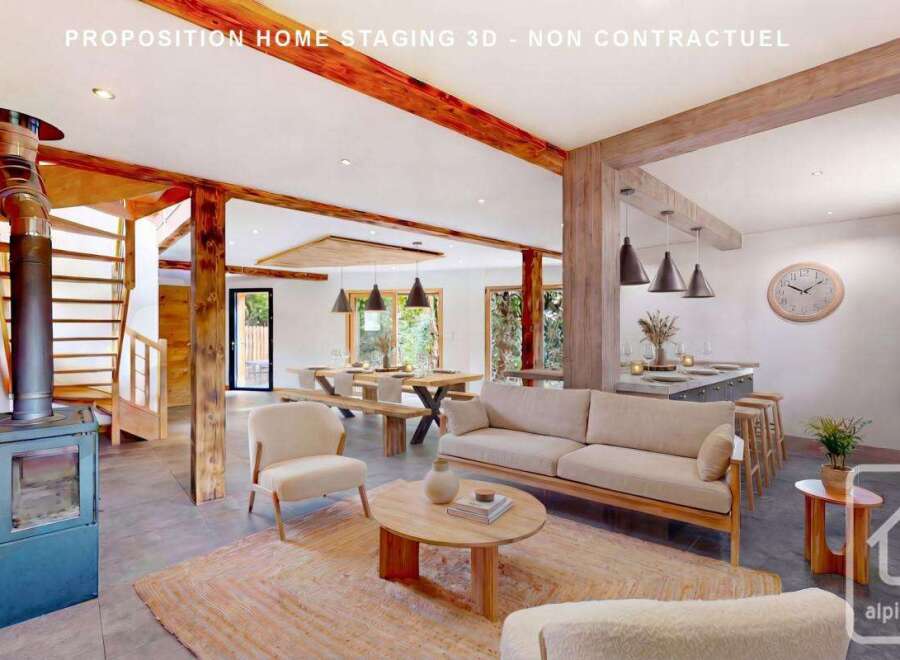 Discover the charm of this stunning property, featuring a cozy living space with a fireplace and a modern kitchen.
