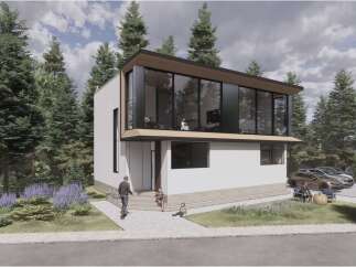 This stunning modern home boasts a sleek design with expansive glass windows, offering breathtaking views and abundant natural light.