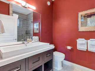 Step into luxury with this stunning bathroom! Featuring a sleek vanity, modern fixtures, and a vibrant accent wall, this space is designed for both style and functionality.