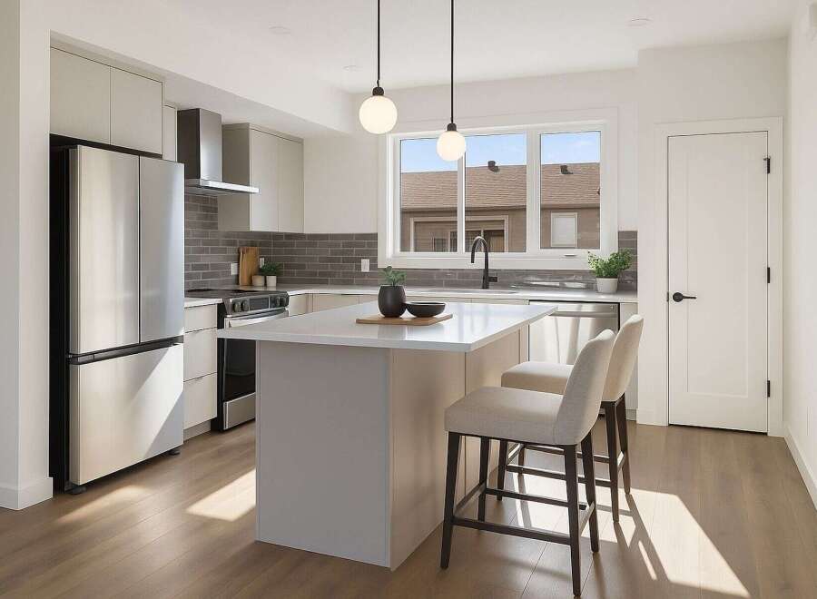 Step into modern elegance with this stunning kitchen! Featuring sleek stainless steel appliances, a stylish island, and beautiful hardwood floors, this space is perfect for both cooking and entertaining.