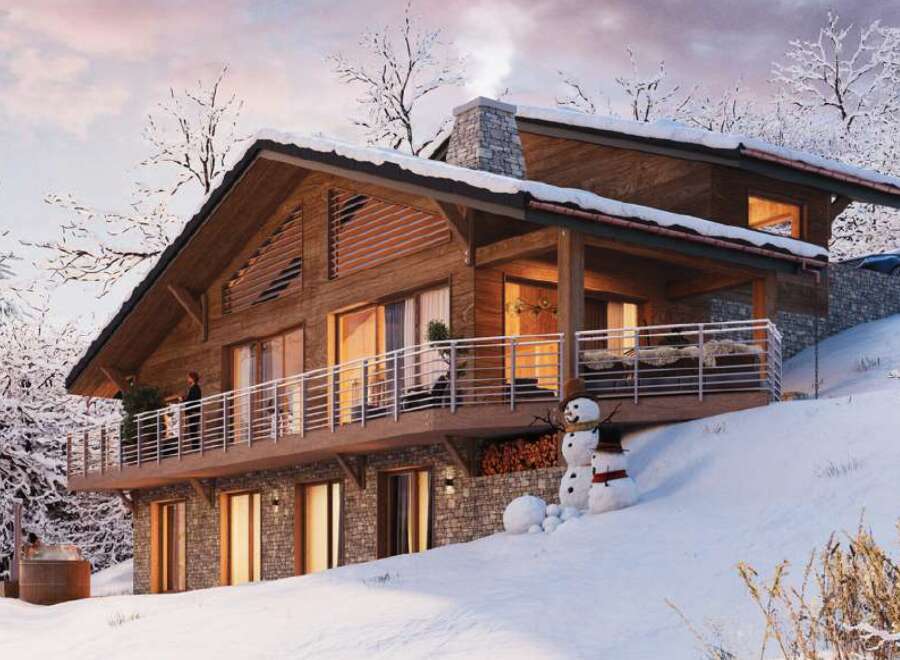 Experience the ultimate winter getaway in this stunning chalet nestled in a snowy landscape.