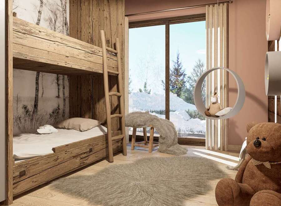 This cozy bedroom features a rustic bunk bed, perfect for a child's room or a guest space.