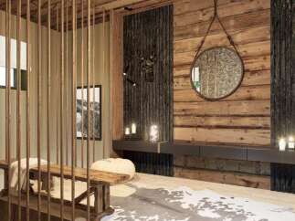 Experience rustic elegance in this stunning property, featuring a beautifully designed interior with natural wood accents and a cozy ambiance.