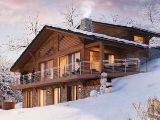 Experience the ultimate winter getaway in this stunning chalet nestled in a snowy landscape.