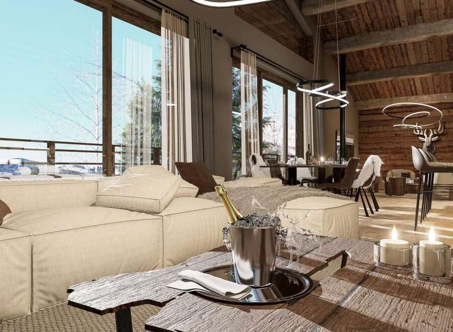 Experience luxury living in this stunning property! Featuring a cozy living room with a comfortable sofa, a rustic wooden coffee table, and a champagne bucket, this home is perfect for entertaining.