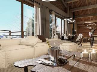 Experience luxury living in this stunning property! Featuring a cozy living room with a comfortable sofa, a rustic wooden coffee table, and a champagne bucket, this home is perfect for entertaining.