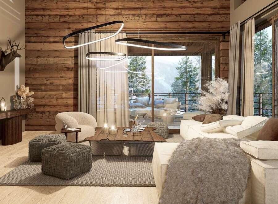 Experience luxury living in this stunning property, featuring a cozy living room with a fireplace and a breathtaking view.