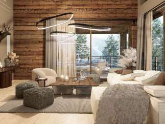 Experience luxury living in this stunning property, featuring a cozy living room with a fireplace and a breathtaking view.