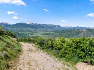 Discover the beauty of nature with this stunning property! The image showcases a scenic view of a mountain range, a dirt road, and lush greenery.