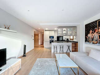 Experience modern living in this stylish apartment, featuring a sleek kitchen with stainless steel appliances and a breakfast bar.