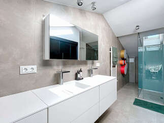 This modern bathroom boasts a sleek, minimalist design with a double vanity and a spacious walk-in shower.