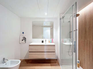 Step into this modern bathroom, featuring a sleek vanity with ample storage and a large mirror.
