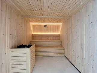 Experience ultimate relaxation in this modern sauna, featuring natural wood paneling and ambient lighting.