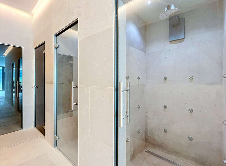 Experience ultimate relaxation in this luxurious spa-like bathroom featuring a spacious multi-jet shower enclosure.